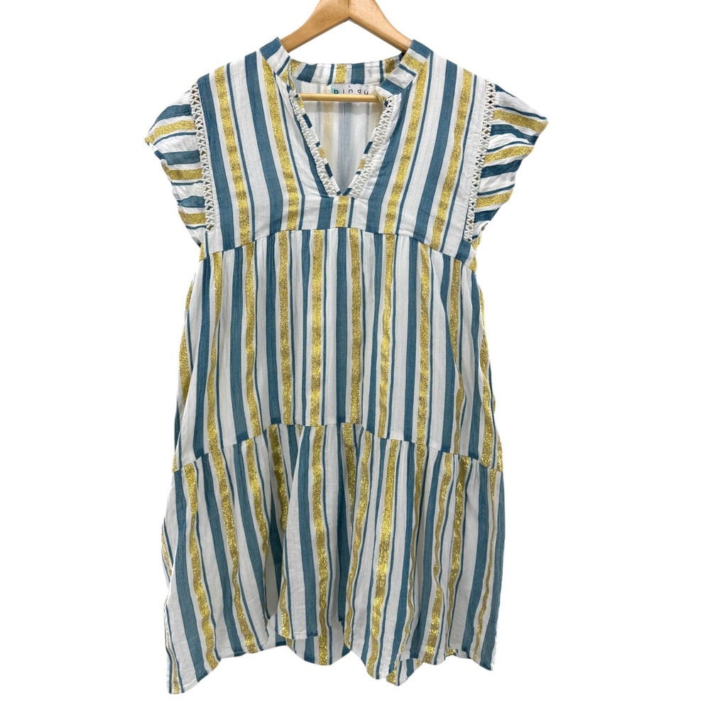 Bindu Striped Metallic Cotton Tiered Mini Dress Blue Gold White Boho L Flutter